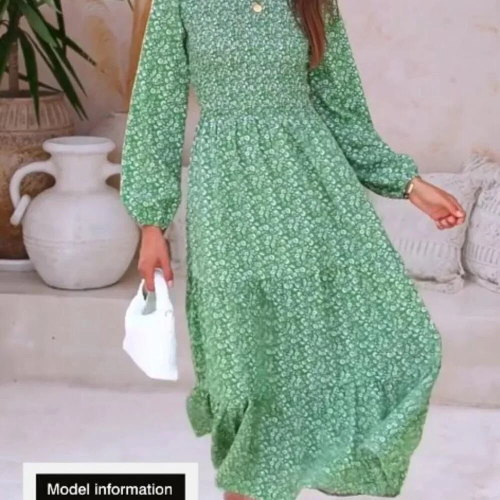 Flowy Floral Maxi Dress Smocked Tiered Long Sleeve Spring Boho Chic - Picture 8 of 8